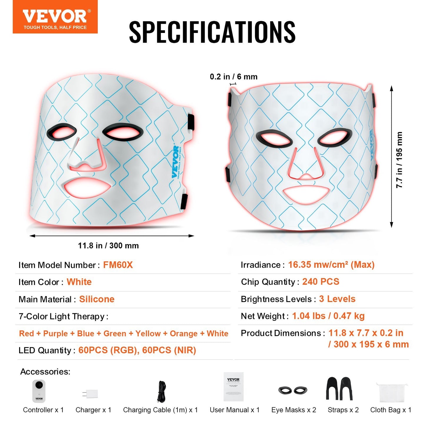 Máscara de terapia de luz roja VEVOR, máscara facial LED de 7 colores, terapia de luz con NIR de 850 nm