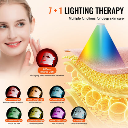 Máscara de terapia de luz roja VEVOR, máscara facial LED de 7 colores, terapia de luz con NIR de 850 nm