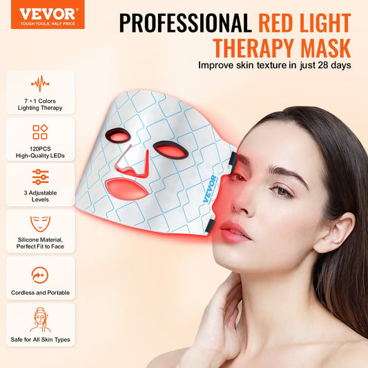 Máscara de terapia de luz roja VEVOR, máscara facial LED de 7 colores, terapia de luz con NIR de 850 nm